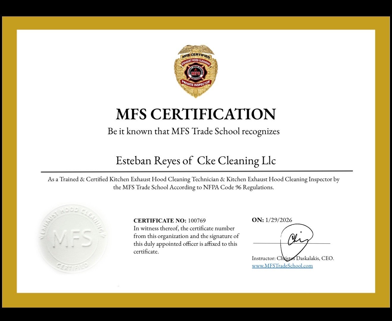 MFS Trade School Certification — Esteban Reyes, CKE Cleaning LLC, NFPA 96 Certified Kitchen Exhaust Hood Cleaning Technician & Inspector